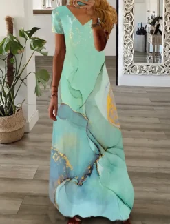 Women's Casual Dress Graphic Print V Neck Maxi long Dress Casual Daily Vacation Short Sleeve Summer Spring Women Casual Dress