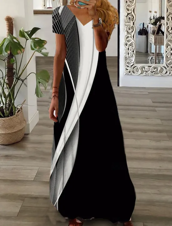 Women's Casual Dress Graphic Print V Neck Maxi long Dress Casual Daily Vacation Short Sleeve Summer Spring Women Casual Dress