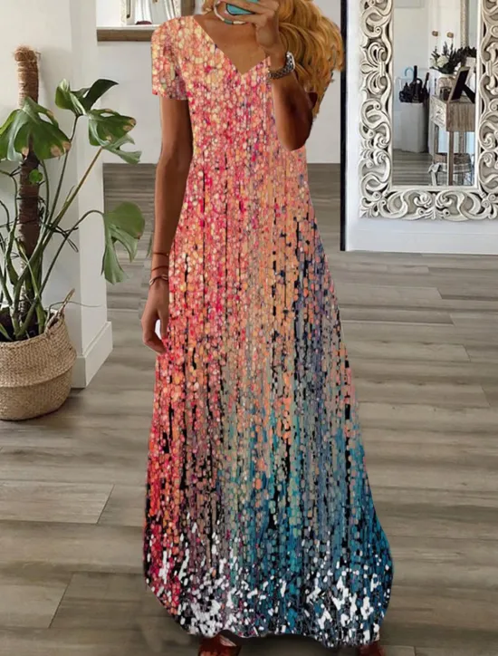 Women's Casual Dress Graphic Print V Neck Maxi long Dress Casual Daily Vacation Short Sleeve Summer Spring Women Casual Dress