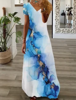 Women's Casual Dress Graphic Print V Neck Maxi long Dress Casual Daily Vacation Short Sleeve Summer Spring Women Casual Dress