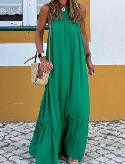 Discount Women's Casual Dress Long Dress Maxi Dress Ruched Vacation Beach Streetwear Maxi Halter Neck Sleeveless Black Red Green Color Women Vacation Dresses