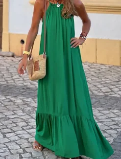 Discount Women's Casual Dress Long Dress Maxi Dress Ruched Vacation Beach Streetwear Maxi Halter Neck Sleeveless Black Red Green Color Women Vacation Dresses