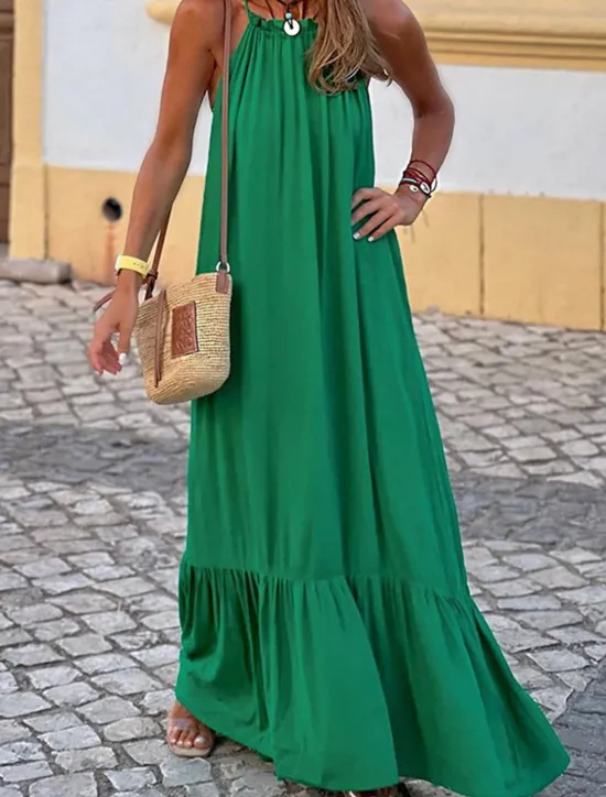 Discount Women's Casual Dress Long Dress Maxi Dress Ruched Vacation Beach Streetwear Maxi Halter Neck Sleeveless Black Red Green Color Women Vacation Dresses