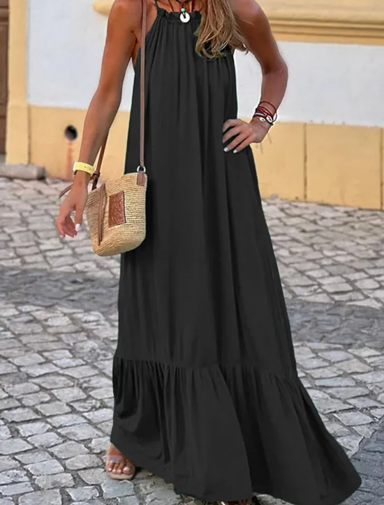 Discount Women's Casual Dress Long Dress Maxi Dress Ruched Vacation Beach Streetwear Maxi Halter Neck Sleeveless Black Red Green Color Women Vacation Dresses