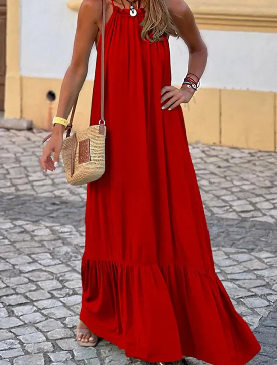 Discount Women's Casual Dress Long Dress Maxi Dress Ruched Vacation Beach Streetwear Maxi Halter Neck Sleeveless Black Red Green Color Women Vacation Dresses
