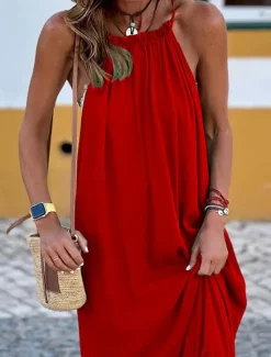 Discount Women's Casual Dress Long Dress Maxi Dress Ruched Vacation Beach Streetwear Maxi Halter Neck Sleeveless Black Red Green Color Women Vacation Dresses