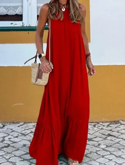 Discount Women's Casual Dress Long Dress Maxi Dress Ruched Vacation Beach Streetwear Maxi Halter Neck Sleeveless Black Red Green Color Women Vacation Dresses