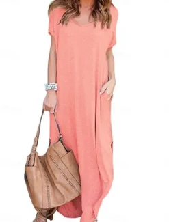 Women's Casual Dress Long Dress Maxi Dress Cotton Pocket Split Date Maxi Basic V Neck Short Sleeve Black White Pink Color Women T Shirt Dresses