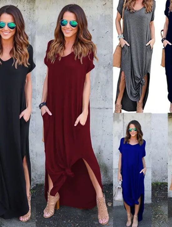 Women's Casual Dress Long Dress Maxi Dress Cotton Pocket Split Date Maxi Basic V Neck Short Sleeve Black White Pink Color Women T Shirt Dresses