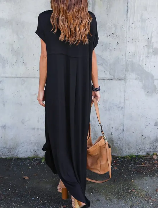 Women's Casual Dress Long Dress Maxi Dress Cotton Pocket Split Date Maxi Basic V Neck Short Sleeve Black White Pink Color Women T Shirt Dresses