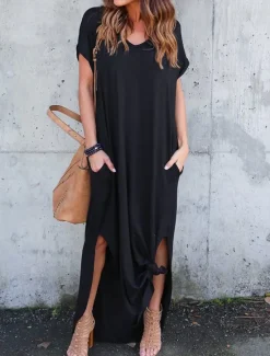 Women's Casual Dress Long Dress Maxi Dress Cotton Pocket Split Date Maxi Basic V Neck Short Sleeve Black White Pink Color Women T Shirt Dresses