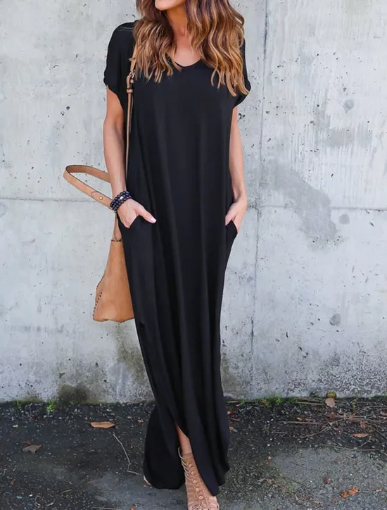 Women's Casual Dress Long Dress Maxi Dress Cotton Pocket Split Date Maxi Basic V Neck Short Sleeve Black White Pink Color Women T Shirt Dresses
