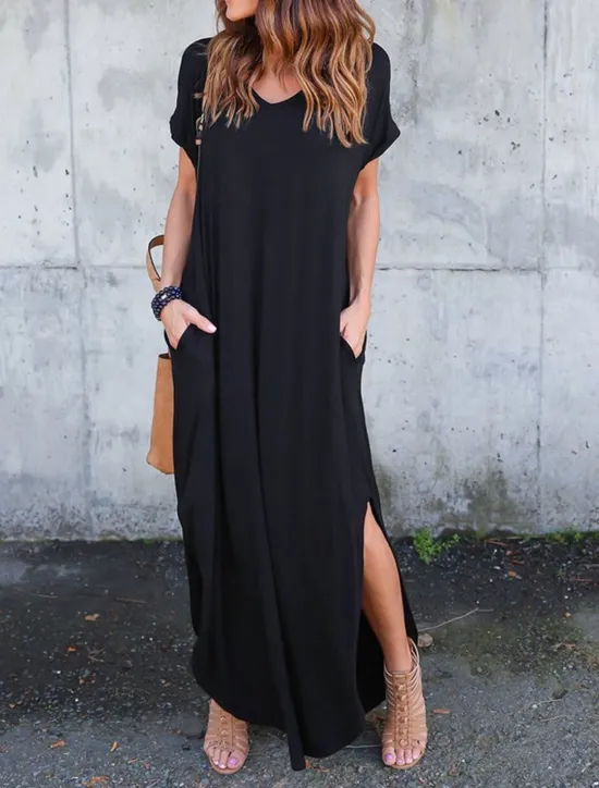 Women's Casual Dress Long Dress Maxi Dress Cotton Pocket Split Date Maxi Basic V Neck Short Sleeve Black White Pink Color Women T Shirt Dresses