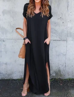 Women's Casual Dress Long Dress Maxi Dress Cotton Pocket Split Date Maxi Basic V Neck Short Sleeve Black White Pink Color Women T Shirt Dresses