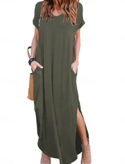 Women's Casual Dress Long Dress Maxi Dress Cotton Pocket Split Date Maxi Basic V Neck Short Sleeve Black White Pink Color Women T Shirt Dresses