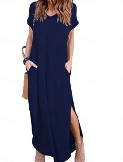 Women's Casual Dress Long Dress Maxi Dress Cotton Pocket Split Date Maxi Basic V Neck Short Sleeve Black White Pink Color Women T Shirt Dresses