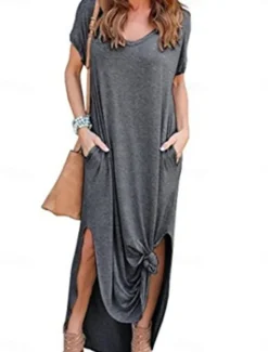 Women's Casual Dress Long Dress Maxi Dress Cotton Pocket Split Date Maxi Basic V Neck Short Sleeve Black White Pink Color Women T Shirt Dresses