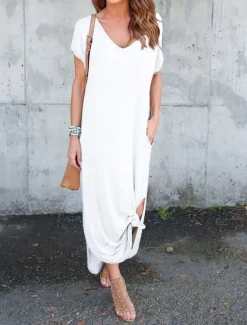 Women's Casual Dress Long Dress Maxi Dress Cotton Pocket Split Date Maxi Basic V Neck Short Sleeve Black White Pink Color Women T Shirt Dresses