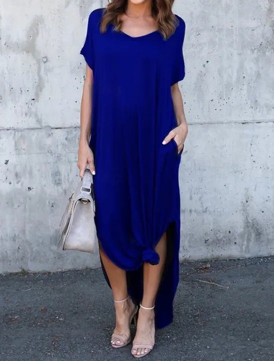 Women's Casual Dress Long Dress Maxi Dress Cotton Pocket Split Date Maxi Basic V Neck Short Sleeve Black White Pink Color Women T Shirt Dresses