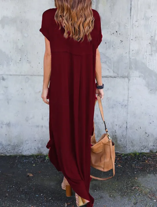 Women's Casual Dress Long Dress Maxi Dress Cotton Pocket Split Date Maxi Basic V Neck Short Sleeve Black White Pink Color Women T Shirt Dresses