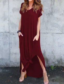 Women's Casual Dress Long Dress Maxi Dress Cotton Pocket Split Date Maxi Basic V Neck Short Sleeve Black White Pink Color Women T Shirt Dresses