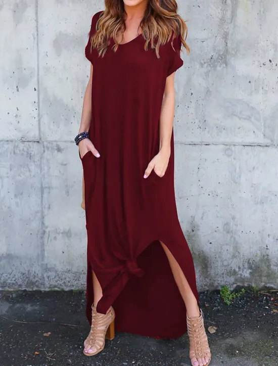 Women's Casual Dress Long Dress Maxi Dress Cotton Pocket Split Date Maxi Basic V Neck Short Sleeve Black White Pink Color Women T Shirt Dresses