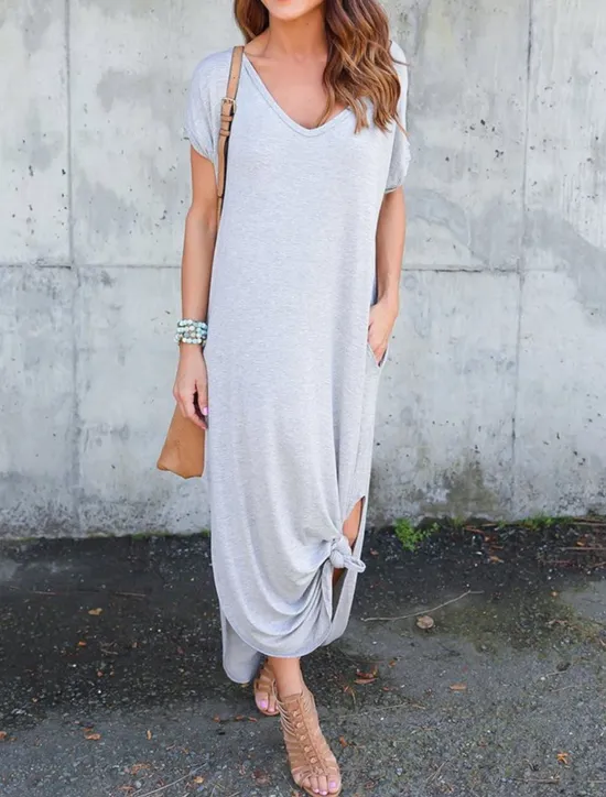Women's Casual Dress Long Dress Maxi Dress Cotton Pocket Split Date Maxi Basic V Neck Short Sleeve Black White Pink Color Women T Shirt Dresses