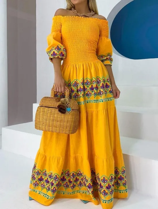 Outlet Women's Casual Dress Long Dress Maxi Dress Half Sleeve Floral Patchwork Fall Spring Autumn Off Shoulder Modern Weekend Slim 2023 S M L XL XXL Women Vacation Dresses