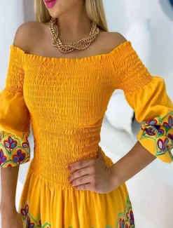 Outlet Women's Casual Dress Long Dress Maxi Dress Half Sleeve Floral Patchwork Fall Spring Autumn Off Shoulder Modern Weekend Slim 2023 S M L XL XXL Women Vacation Dresses