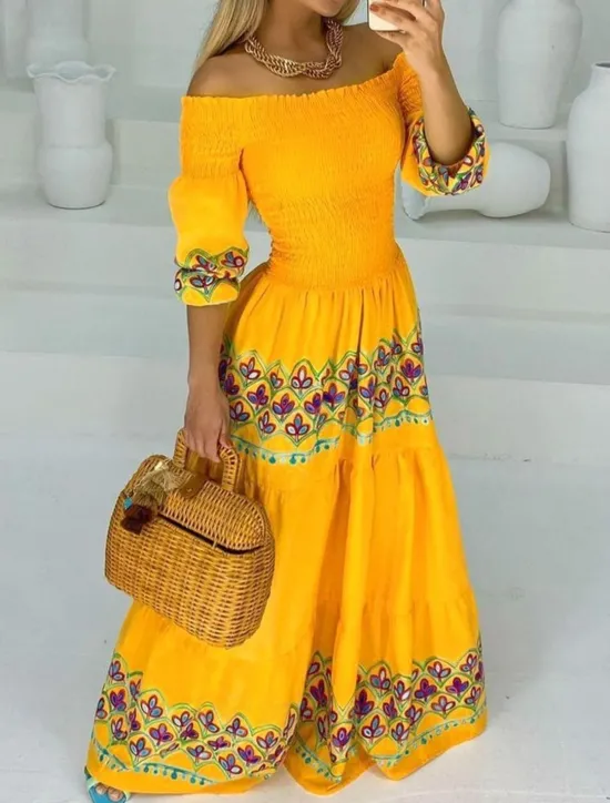 Outlet Women's Casual Dress Long Dress Maxi Dress Half Sleeve Floral Patchwork Fall Spring Autumn Off Shoulder Modern Weekend Slim 2023 S M L XL XXL Women Vacation Dresses
