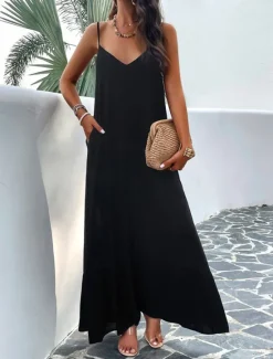 Clearance Women's Casual Dress Long Dress Maxi Dress Backless Pocket Date Streetwear Maxi Strap Sleeveless Black Red Blue Color Women Vacation Dresses