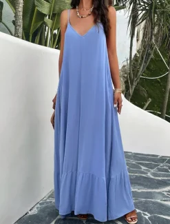 Clearance Women's Casual Dress Long Dress Maxi Dress Backless Pocket Date Streetwear Maxi Strap Sleeveless Black Red Blue Color Women Vacation Dresses
