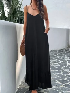 Clearance Women's Casual Dress Long Dress Maxi Dress Backless Pocket Date Streetwear Maxi Strap Sleeveless Black Red Blue Color Women Vacation Dresses