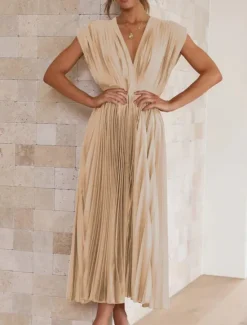 New Women's Casual Dress Maxi Dress Ruched Casual V Neck Sleeveless Black Champagne Fuchsia Color Women Cocktail Dress