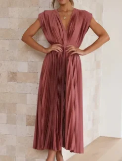 New Women's Casual Dress Maxi Dress Ruched Casual V Neck Sleeveless Black Champagne Fuchsia Color Women Cocktail Dress