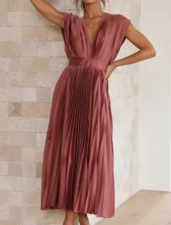 New Women's Casual Dress Maxi Dress Ruched Casual V Neck Sleeveless Black Champagne Fuchsia Color Women Cocktail Dress