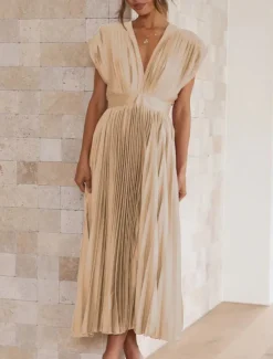 New Women's Casual Dress Maxi Dress Ruched Casual V Neck Sleeveless Black Champagne Fuchsia Color Women Cocktail Dress
