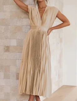 New Women's Casual Dress Maxi Dress Ruched Casual V Neck Sleeveless Black Champagne Fuchsia Color Women Cocktail Dress