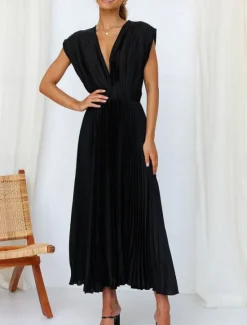 New Women's Casual Dress Maxi Dress Ruched Casual V Neck Sleeveless Black Champagne Fuchsia Color Women Cocktail Dress