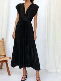 New Women's Casual Dress Maxi Dress Ruched Casual V Neck Sleeveless Black Champagne Fuchsia Color Women Cocktail Dress