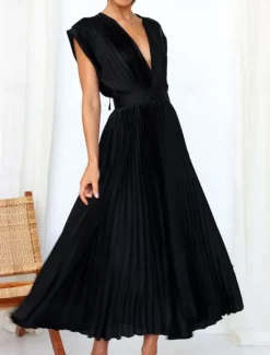 New Women's Casual Dress Maxi Dress Ruched Casual V Neck Sleeveless Black Champagne Fuchsia Color Women Cocktail Dress