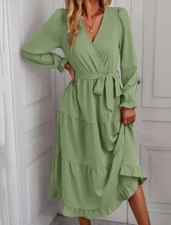 Best Women's Casual Dress Maxi Dress Lace up Ruffle Date Vacation Elegant Streetwear V Neck Long Sleeve Black Pink Dark Green Color Women Cocktail Dress