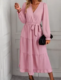 Best Women's Casual Dress Maxi Dress Lace up Ruffle Date Vacation Elegant Streetwear V Neck Long Sleeve Black Pink Dark Green Color Women Cocktail Dress
