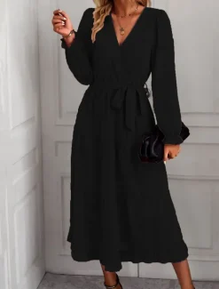 Best Women's Casual Dress Maxi Dress Lace up Ruffle Date Vacation Elegant Streetwear V Neck Long Sleeve Black Pink Dark Green Color Women Cocktail Dress