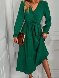 Best Women's Casual Dress Maxi Dress Lace up Ruffle Date Vacation Elegant Streetwear V Neck Long Sleeve Black Pink Dark Green Color Women Cocktail Dress