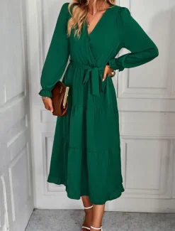 Best Women's Casual Dress Maxi Dress Lace up Ruffle Date Vacation Elegant Streetwear V Neck Long Sleeve Black Pink Dark Green Color Women Cocktail Dress