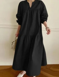 Hot Women's Casual Dress Maxi Dress Ruffle Hem Casual Split Neck Long Sleeve Black White Khaki Color Women White Dresses