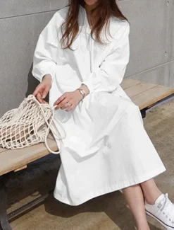 Hot Women's Casual Dress Maxi Dress Ruffle Hem Casual Split Neck Long Sleeve Black White Khaki Color Women White Dresses