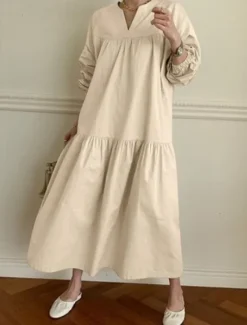 Hot Women's Casual Dress Maxi Dress Ruffle Hem Casual Split Neck Long Sleeve Black White Khaki Color Women White Dresses