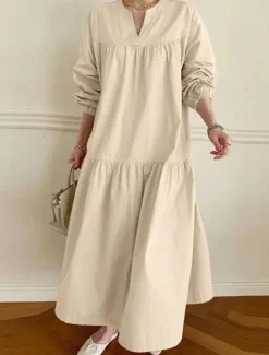 Hot Women's Casual Dress Maxi Dress Ruffle Hem Casual Split Neck Long Sleeve Black White Khaki Color Women White Dresses